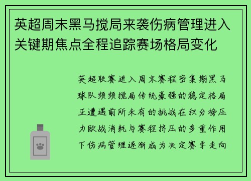 英超周末黑马搅局来袭伤病管理进入关键期焦点全程追踪赛场格局变化